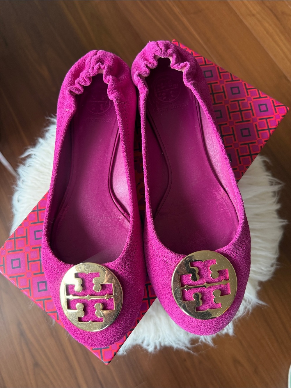 Tory Burch Fuchsia Suede Ballet Flats with Gold Logo